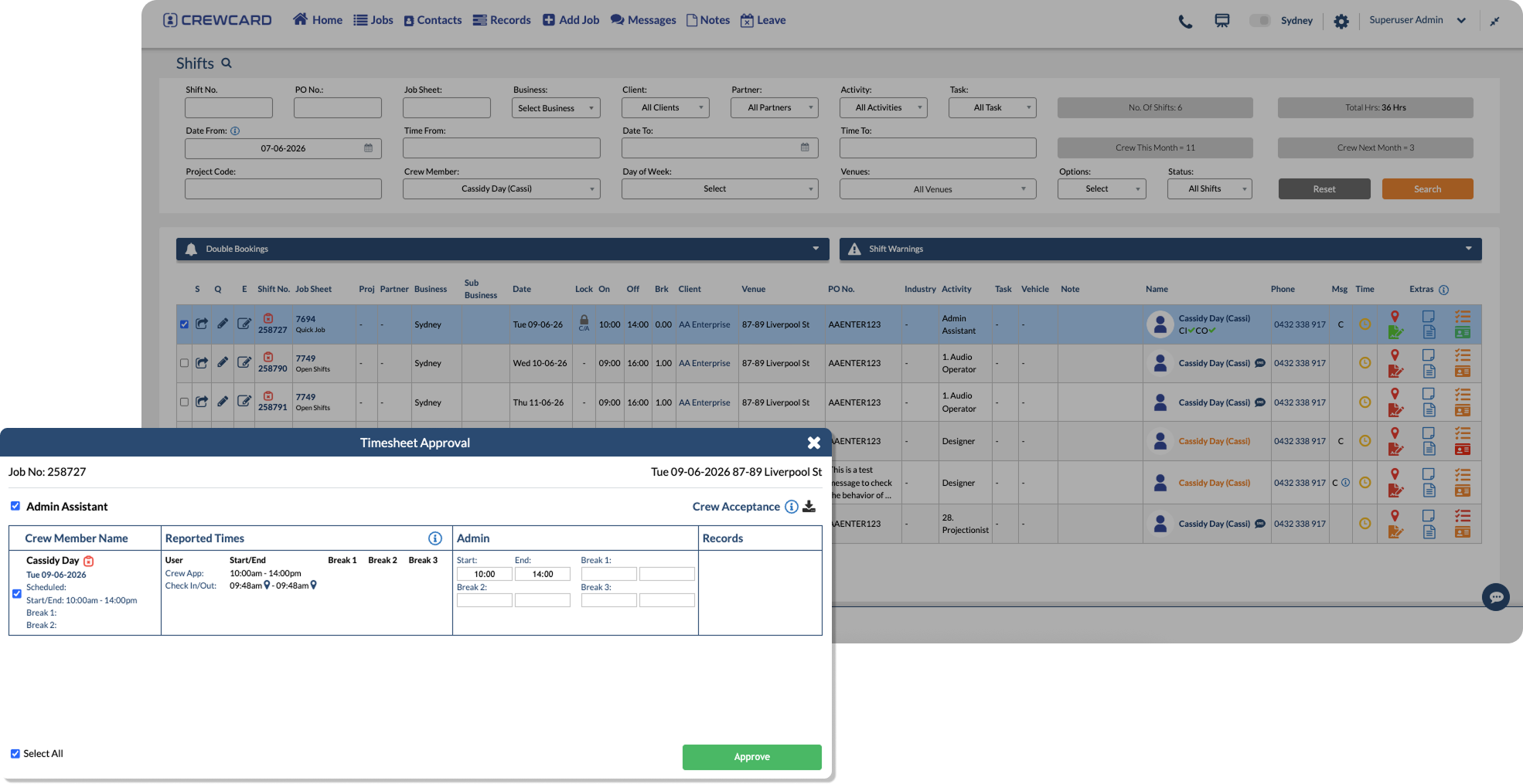 CrewCard GPS timesheets screen