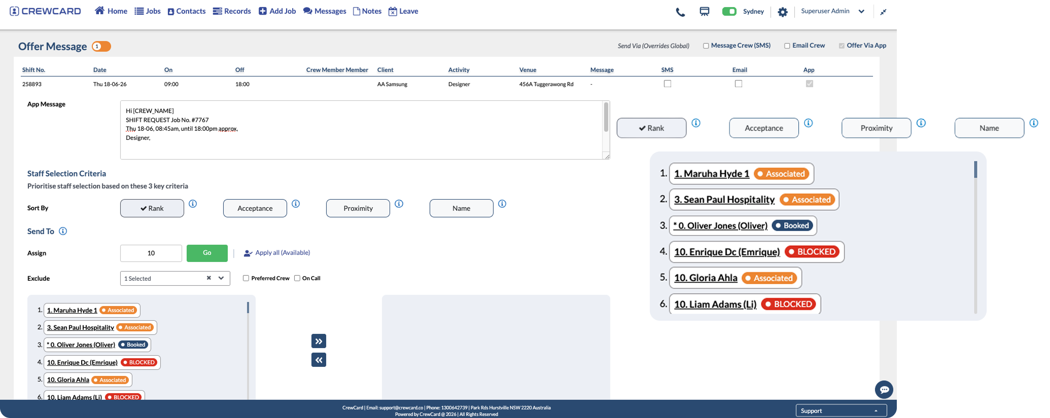 CrewCard staff scheduling screen