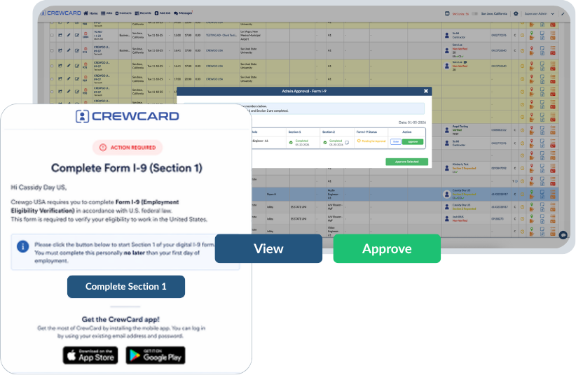 CrewCard Form I-9 Section 1 invitation and admin approval workflow showing automatic employee invitations, pending approval tracking and digital compliance management.