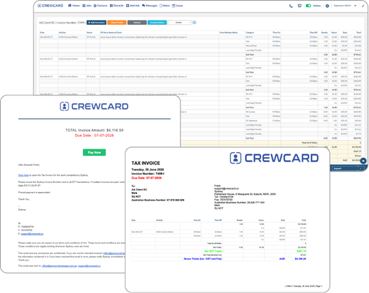 CrewCard invoicing software dashboard for creating client invoices from approved shifts and timesheets