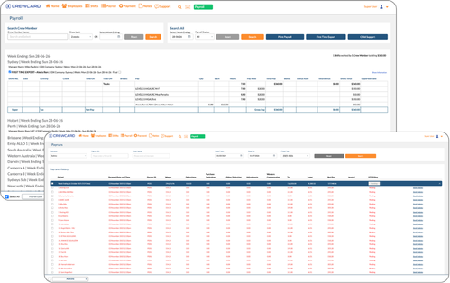 CrewCard payroll software screen for approved timesheets payroll-ready data and workforce records