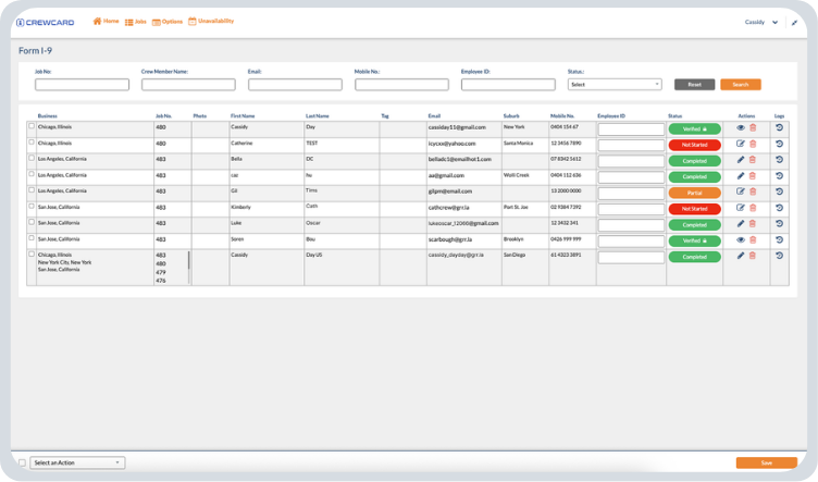 CrewCard digital Form I-9 dashboard showing Team Leader workflow, employee verification status, approval tracking and workforce compliance management.