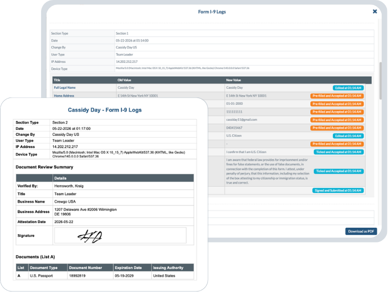 CrewCard Form I-9 logs and PDF download showing digital compliance records, approval history, document verification details, timestamps and audit tracking workflow.
