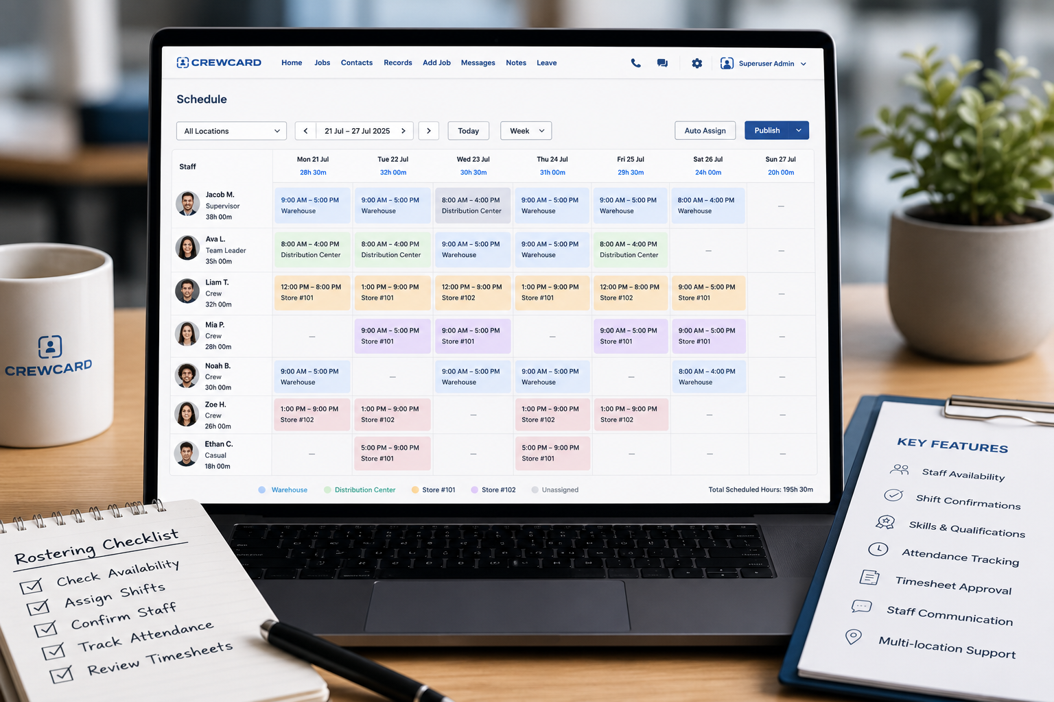 Employee rostering software showing staff schedules and shift management features