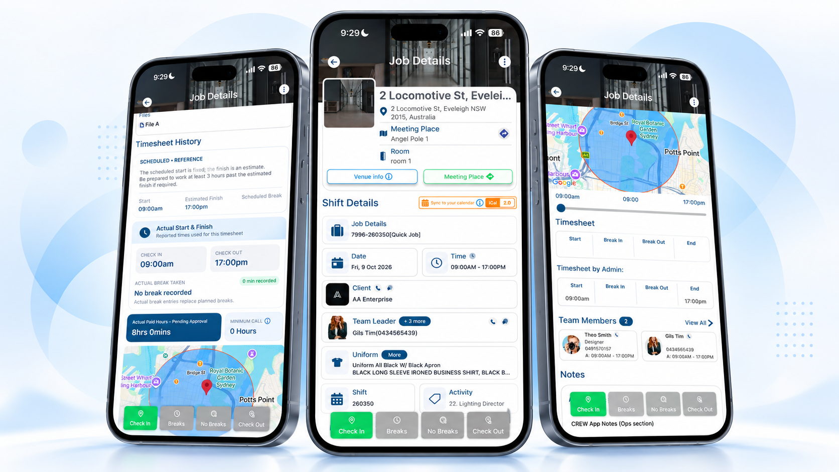 Mobile workforce management app showing CrewCard job details, timesheet history and GPS time tracking screens