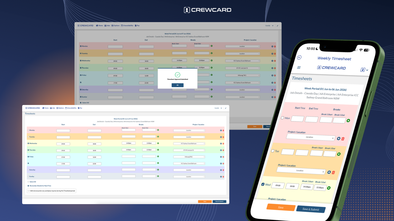 Time card vs timesheet comparison in CrewCard USA for staffing agency employee time tracking