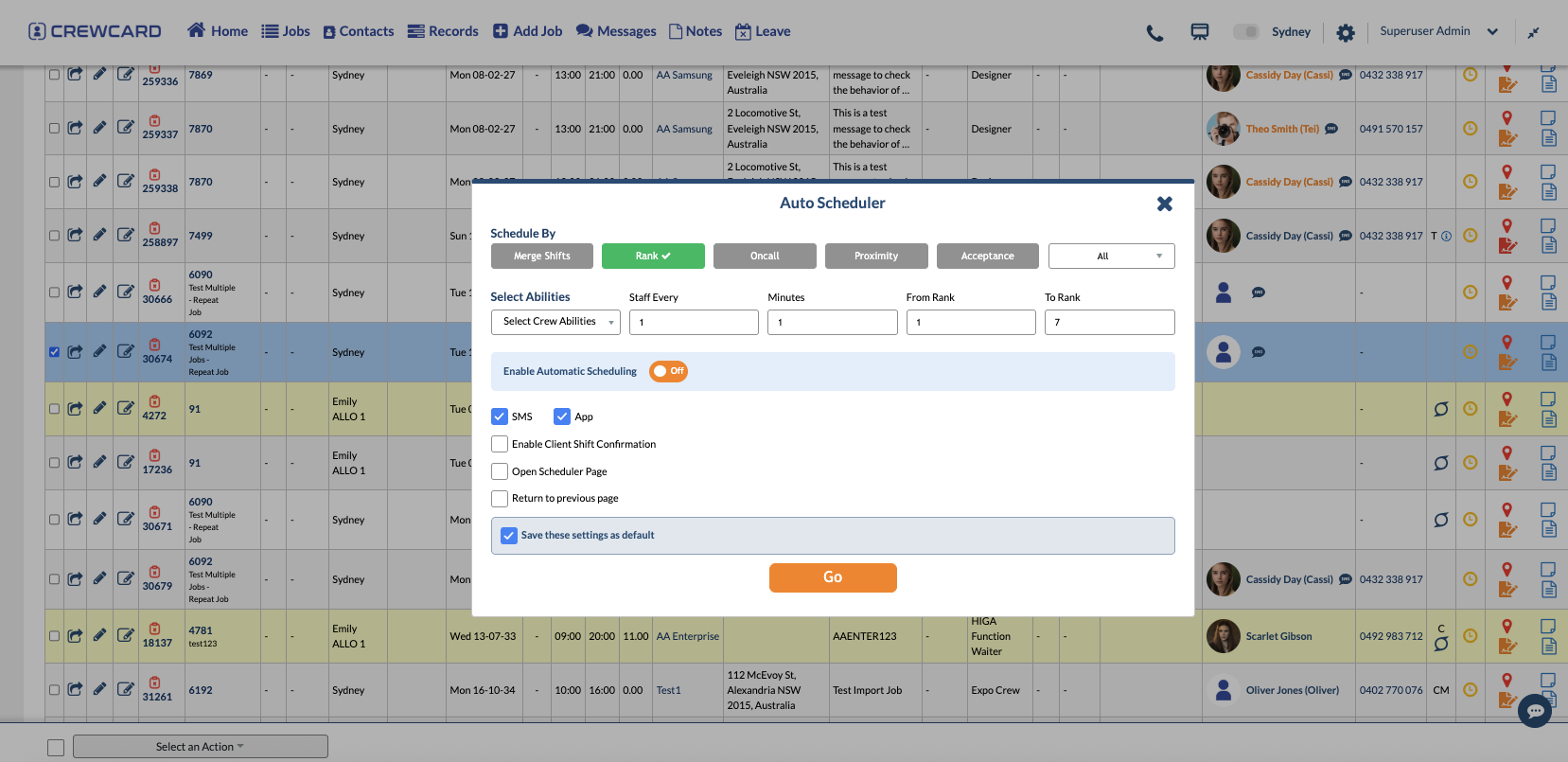 CrewCard Auto Scheduler settings on the Shifts page for automatic shift offers